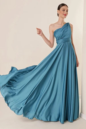 By Saygı One-Shoulder Draped Lined Wide-Shoulder Crepe Satin Long Dress