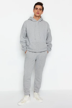 Trendyol Men's Gray Melange Oversize Hooded Elastic Leg Fleece Tracksuit Set