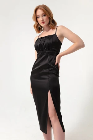 Lafaba Women's Black Evening Dress with Thin Straps and a Slit Midi Satin Evening Dress.