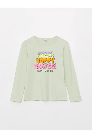 LC Waikiki Girl's T-Shirt with a Crew Neck Printed Long Sleeve