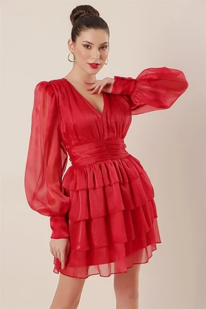 By Saygı V-Neck Lined Organza Dress With Ruffles Red