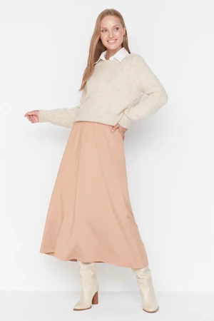 Trendyol Beige High Waist Knitted Skirt With Button Closure