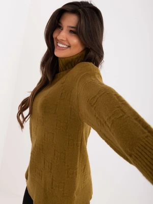 Olive green loose turtleneck sweater with patterns