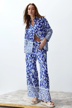 Trendyol Blue Zebra Patterned Woven Shirt-Pants Set