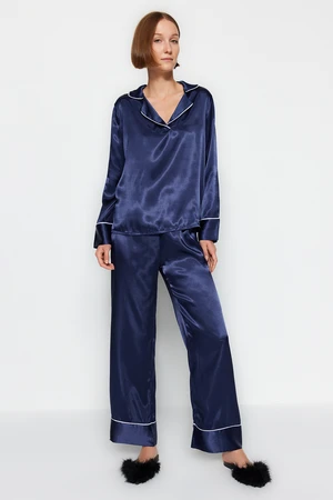 Trendyol Blue Piping Detailed Satin Shirt-Pants Woven Pajama Set