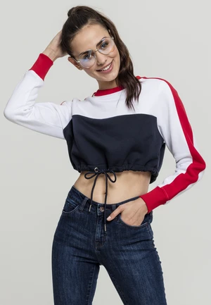 Ladies Cropped 3-Tone Stripe Crew Nautical/White/Fiery Red