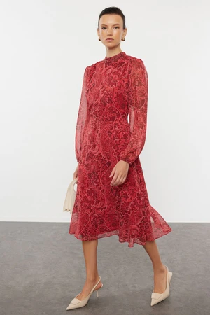 Trendyol Red Patterned Flounce Midi Woven Winter Dress