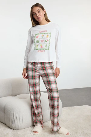 Trendyol White 100% Cotton Winter Themed Plaid Knitted Pajama Set