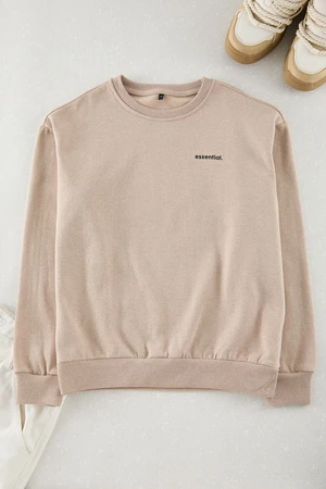 Trendyol Beige Unisex Oversize/Wide Cut Slogan Crew Neck Sweatshirt