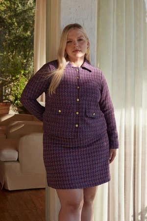 Trendyol Curve Purple Buttoned Plaid/Checked Tweed Woven Plus Size Women's Jacket