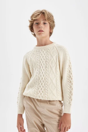 DEFACTO Boy's Ecru Crew Neck Knitted Patterned Knitwear Sweater