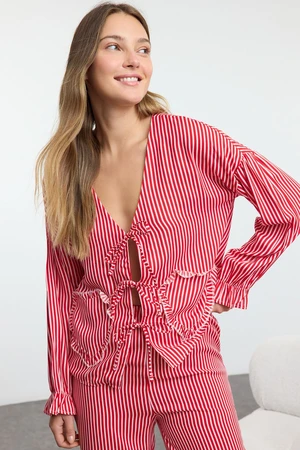 Trendyol Red Striped Ribbon/Bow/Tie Detail Viscose Woven Pajamas Set