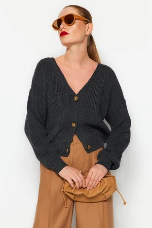 Trendyol Anthracite Wide Fit V nyakú kötöttáru Cardigan