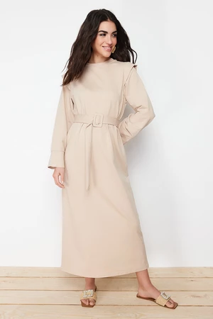 Trendyol Beige Belted Shoulder Detailed Knitted Dress