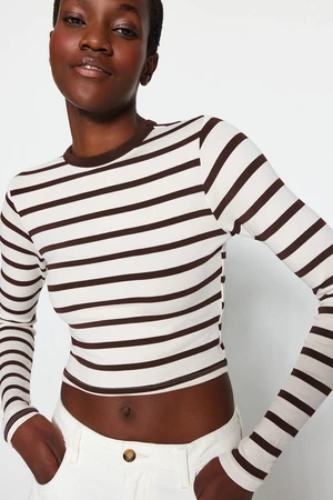 Trendyol Brown Striped Premium Viscose Soft Fabric Fitted Crop Stretchy Knitted Blouse