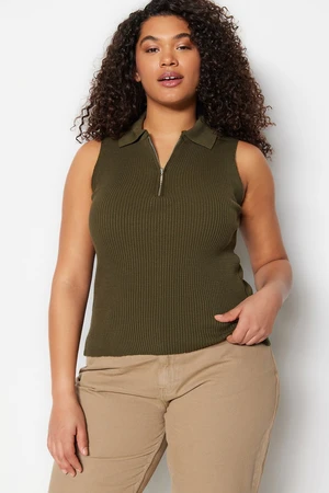 Trendyol Curve Dark Green Body-Charming Fine Knitwear Zippered Blouse