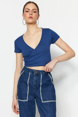 Trendyol Blue Fitted Double Breasted Neck Crop Viscose Stretchy Knitted Blouse