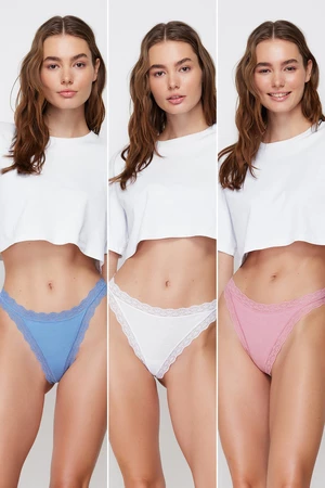 Trendyol White-Pink-Blue 3-Pack 100% Cotton Ribbed Lace Detailed String Knitted Briefs