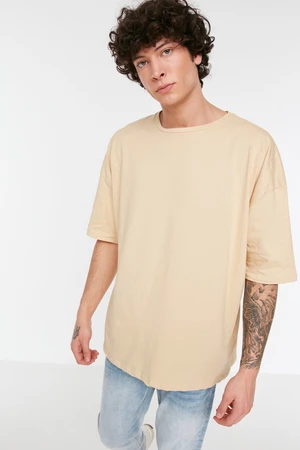 Trendyol Beige Basic 100% Cotton Crew Neck Oversize/Wide Cut Short Sleeve T-Shirt