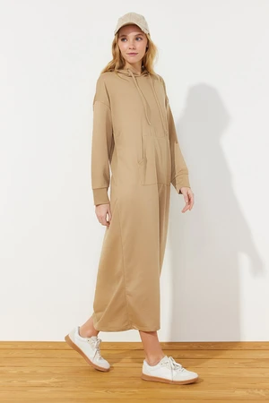 Trendyol Light Brown Kangaroo Pocket Hooded Oversize Knitted Sweat Dress