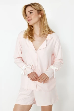 Trendyol Light Pink Tie/Ribbon/Bow and Piping Detailed Viscose Woven Pajama Set