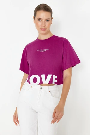 Trendyol Plum 100% Cotton Slogan Printed Relaxed Crop Knitted T-Shirt