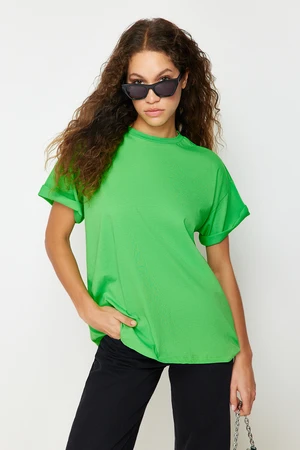 Trendyol Green 100% Cotton Boyfriend/Wide Fit Crew Neck Knitted T-Shirt