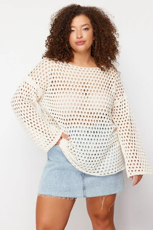 Trendyol Curve Beige Openwork/Perforated Low Sleeve Fine Knitwear Sweater