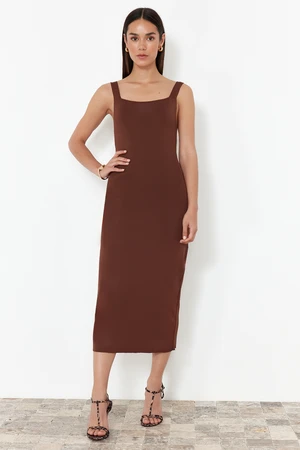 Trendyol Dark Brown Plain Maxi Square Collar Knitwear Dress