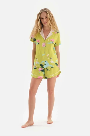 Dagi Green Shirt Collar Floral Patterned Satin Shorts Pajamas Set