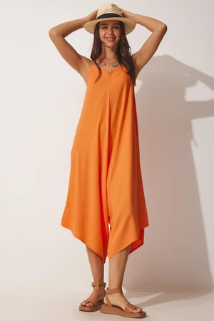 Happiness İstanbul Women's Orange Straps Oversized, Flowy Baggy Overalls