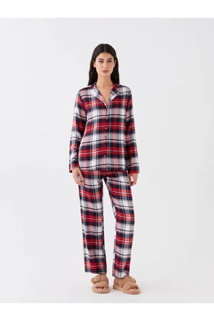 LC Waikiki Women's Shirt Collar Plaid Long Sleeved Pajamas Set