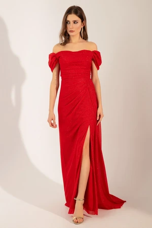 Lafaba Women's Red Boat Neck Draped Slit Long Glitter Evening Dress