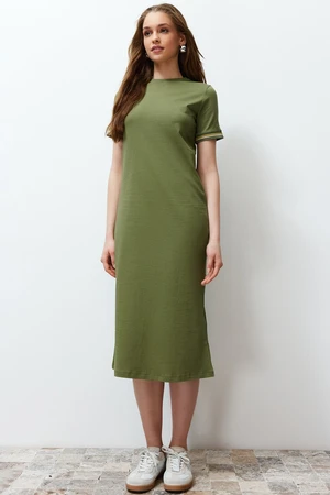 Trendyol Khaki Knitwear Tape Detailed Crew Neck Short Sleeve Elastic Knitted Dress