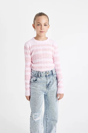 DEFACTO Girl's Pink Striped Standard Fit Crew Neck Tight Knitwear Sweater