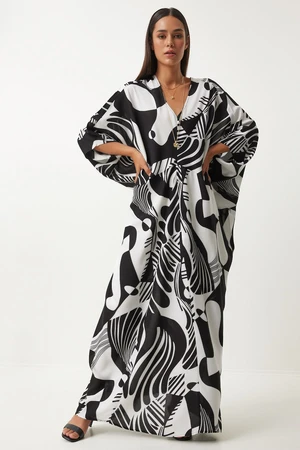 Happiness İstanbul Women's Black and White Patterned Bat Sleeve Asymmetrical Viscose Dress