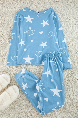 Trendyol Blue 100% Cotton Star and Heart Knitted Pajama Set