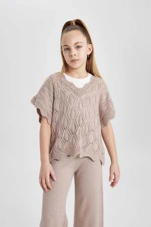 DEFACTO Girls' V-Neck Short Sleeve Sweater