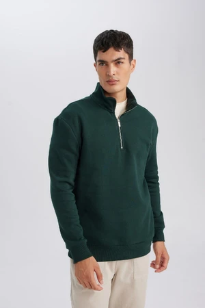 DEFACTO Men's Dark Green Comfort Fit Stand Collar Zippered Thick Basic Plain Sweatshirt