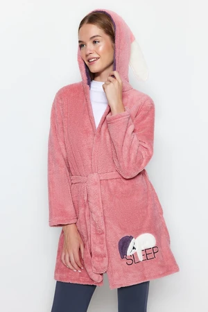 Trendyol Powder Animal Figured Hooded Wellsoft Winter Knitted Dressing Gown