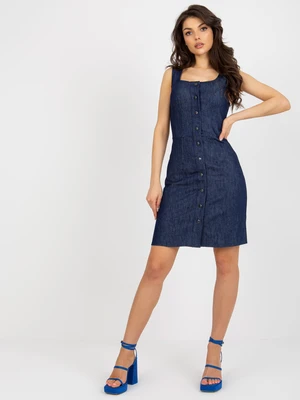 Navy blue denim zippered dress with snap studs