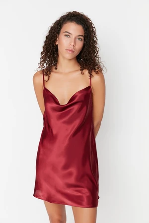 Trendyol Burgundy Degaje Collar Back Detailed Rope Strap Satin Woven Nightdress