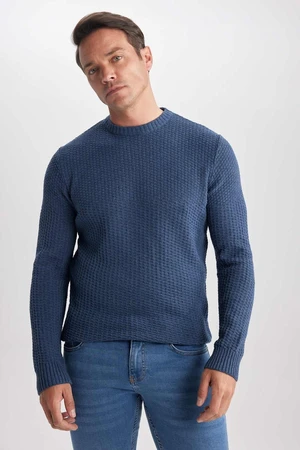 DEFACTO Navy Blue Standard Fit Regular Cut Crew Neck Textured Basic Plain Knitwear Sweater