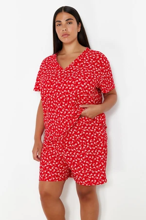 Trendyol Curve Red Flower Patterned V-Neck Knitted Pajama Set