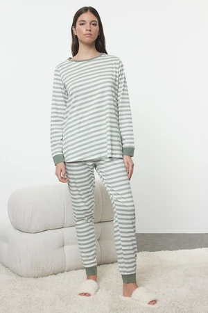 Trendyol Navy Blue 100% Cotton Striped Slit Detailed Knitted Pajama Set