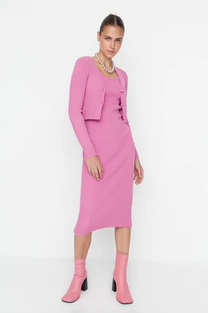 Trendyol Pink Pink Fitted Midi Knitwear Cardigan Dress Suit