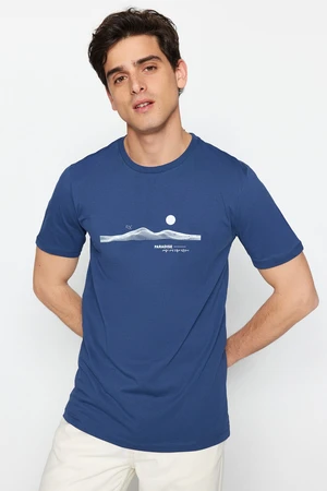 Trendyol Indigo Men's Slim Crew Neck Short Sleeve Text Printed 100% Cotton T-Shirt.