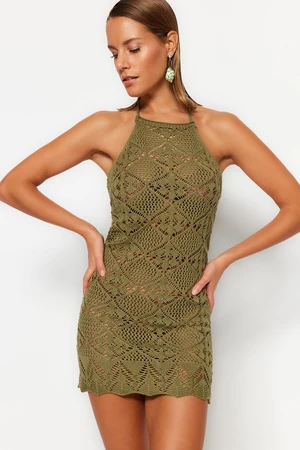 Trendyol Khaki Fitted in Mini Knitwear, Low-Cut Beach Dress