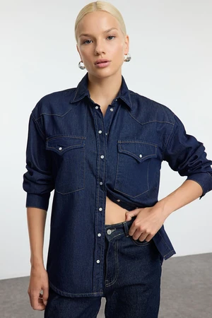 Trendyol Dark Blue Oversize Denim Shirt