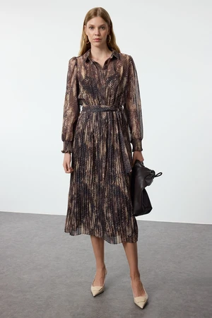 Trendyol Brown Animal Patterned Pleated Detailed Lined Maxi Woven Winter Dress